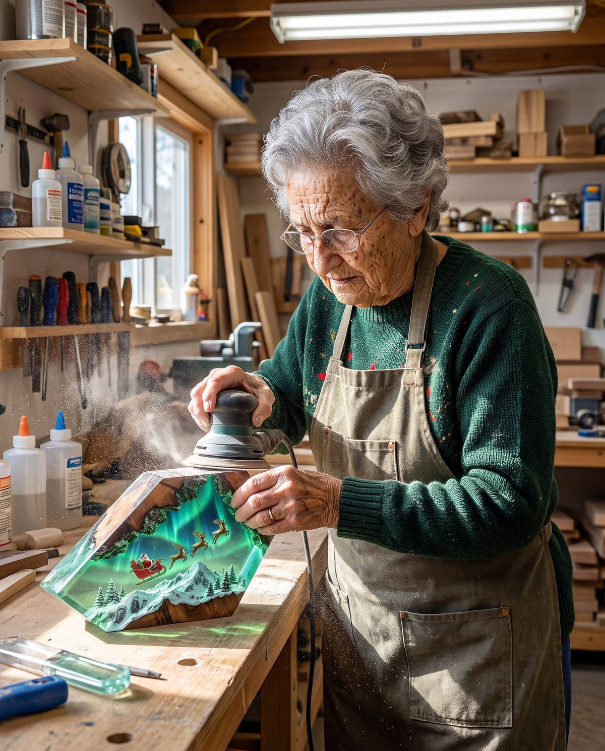 Dorothy sanding a resin lamp