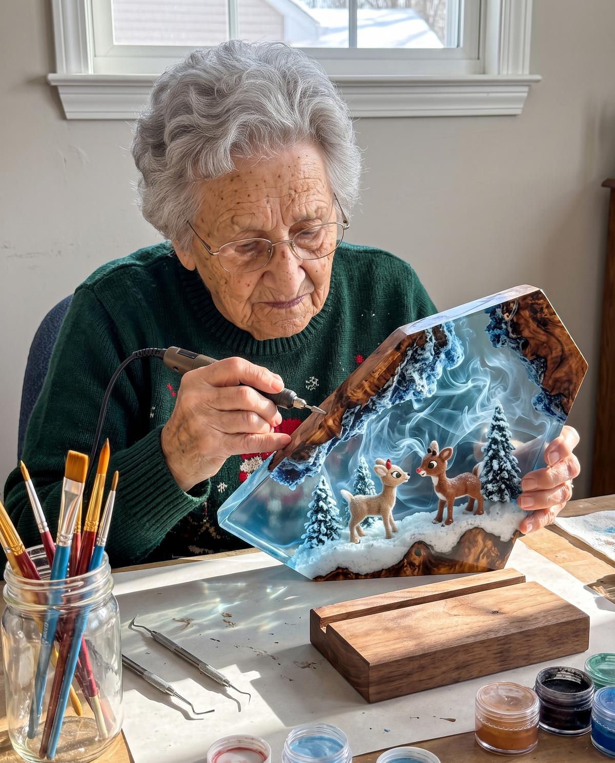 Dorothy detailing a resin lamp
