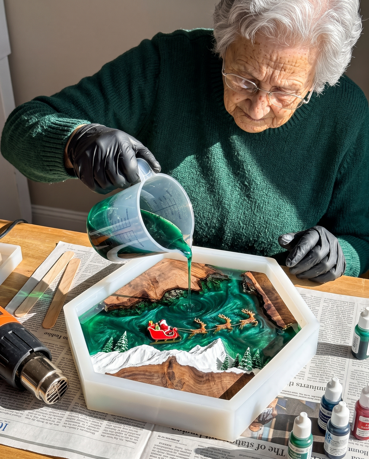 Dorothy pouring resin into a mold