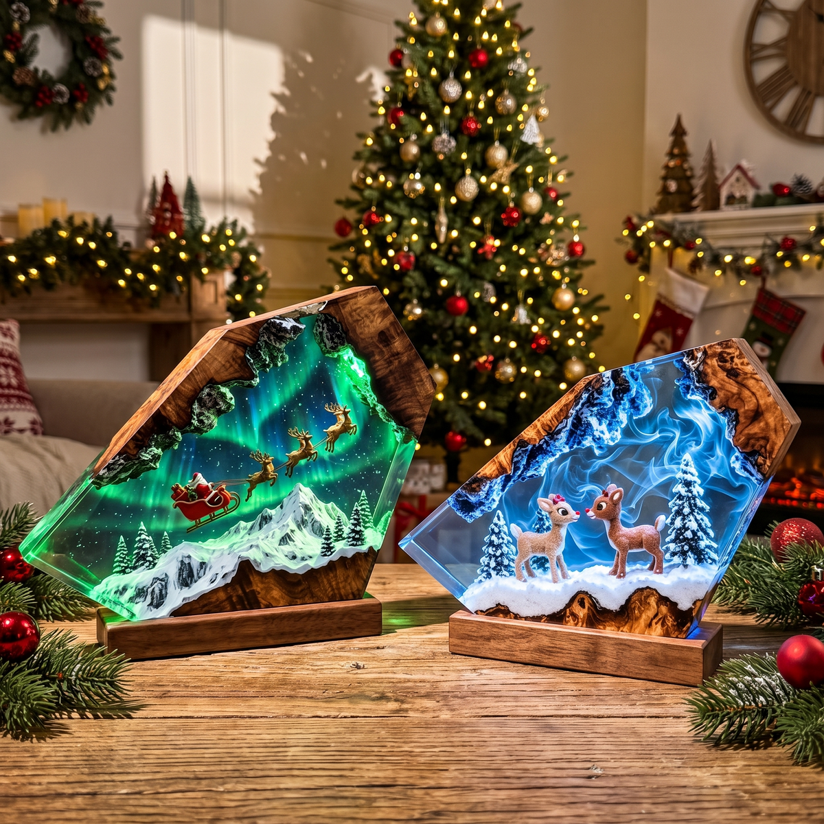 Santa's Sleigh and Winter Fawns resin lamps side by side